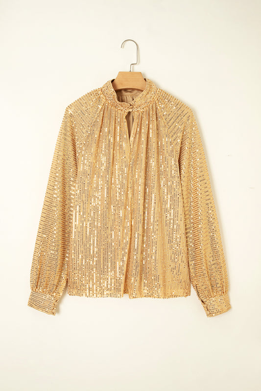 Metallic Balloon Sleeve Buttoned High Neck Loose Blouse