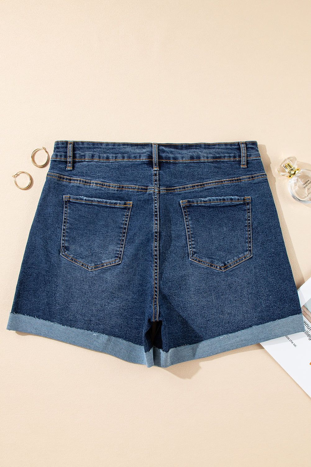 Folded Edge High Waist Plus Size Denim Shorts