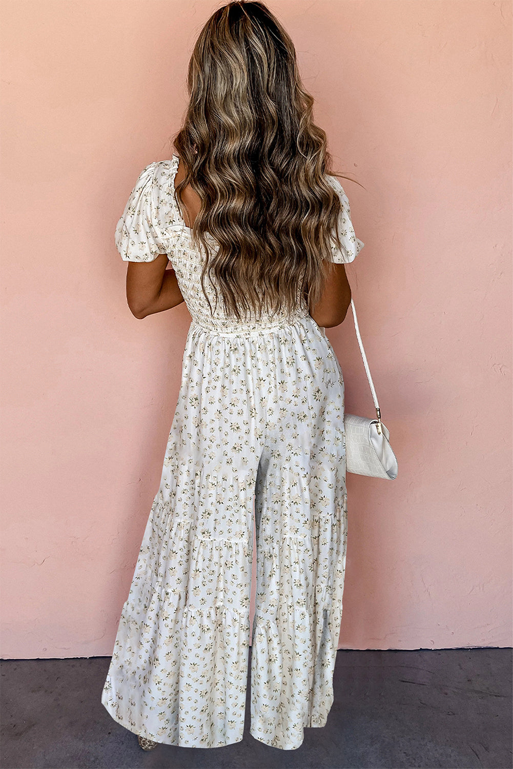 Boho Floral Smocked Wide Leg Short Puff Sleeve Jumpsuit