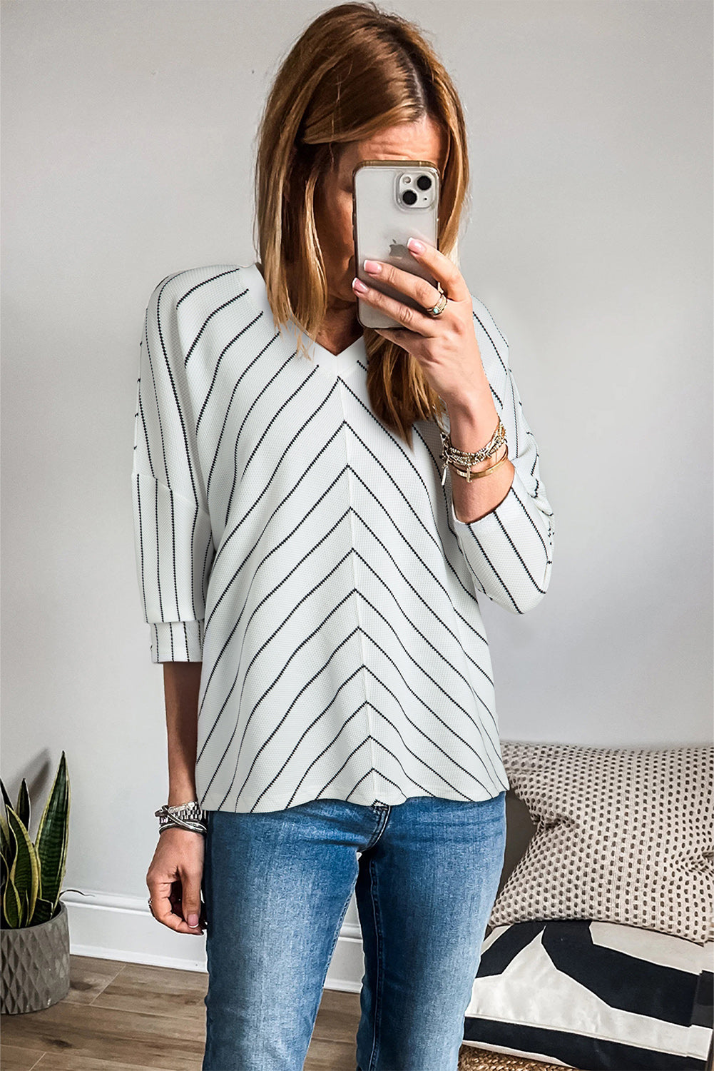 Chevron Striped V Neck Long Sleeve Casual Top