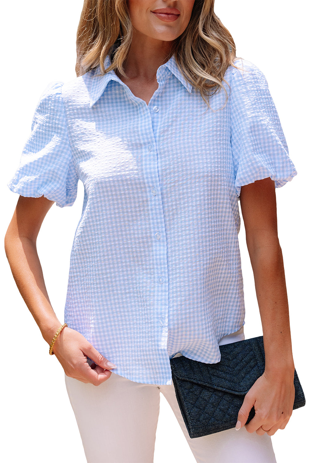 Gingham Short Puff Sleeve Button Up Shirt