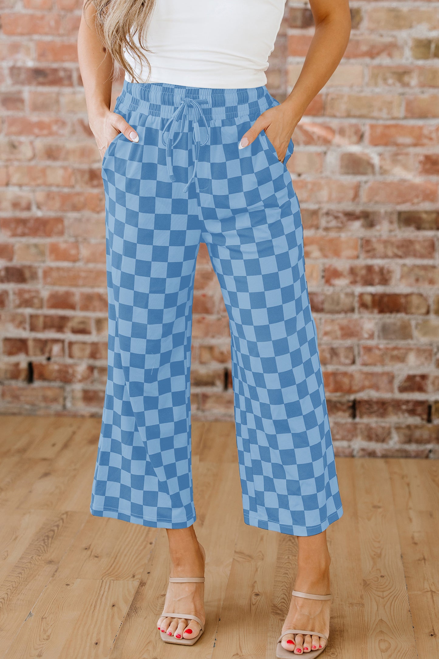 Checkered Elastic High Waist Loose Casual Pants