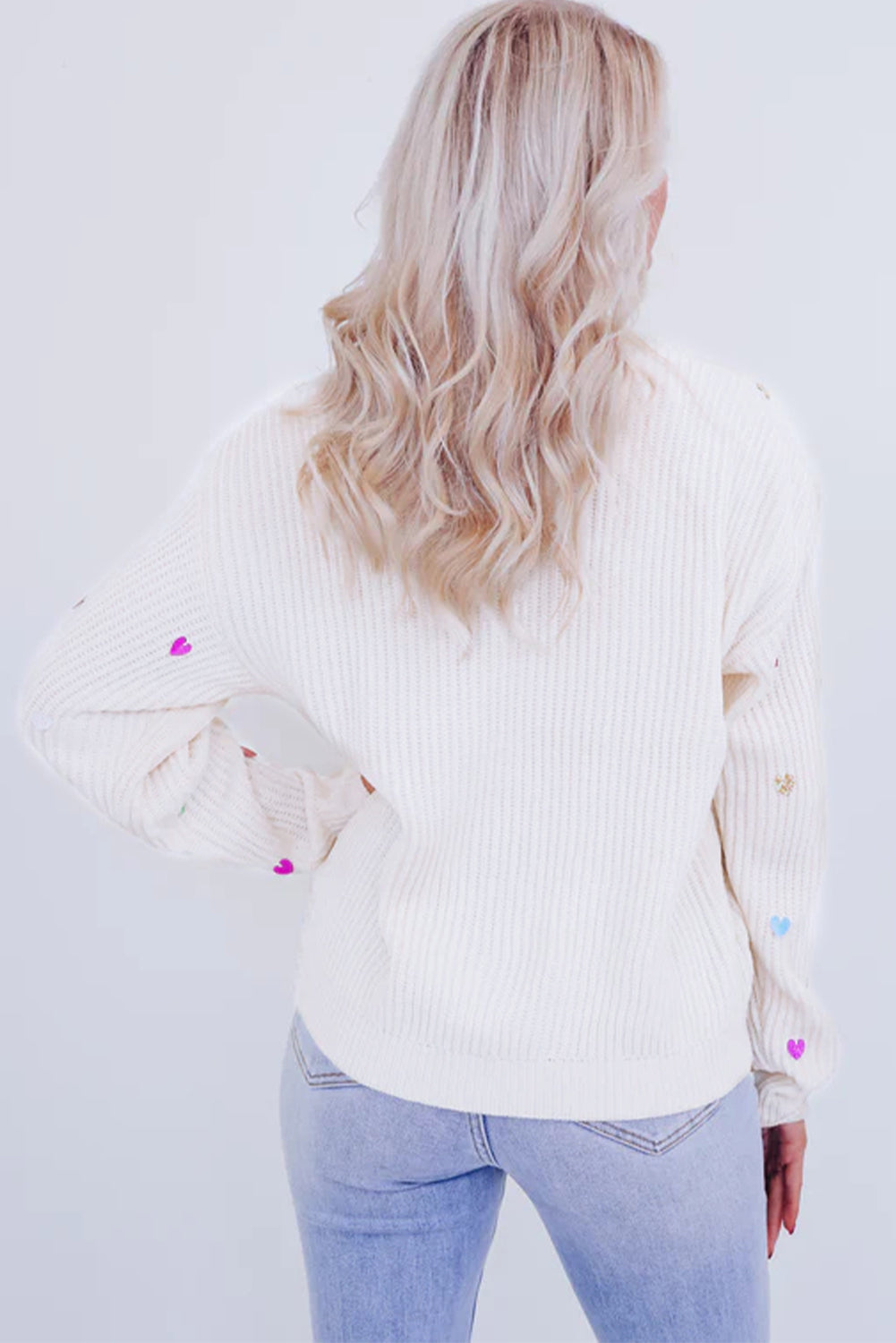 Sequin Heart Shape Waffle Knit Round Neck Sweater