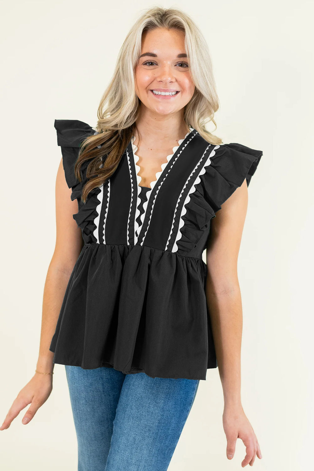 Contrast Ricrac Trim Ruffled V Neck Peplum Top