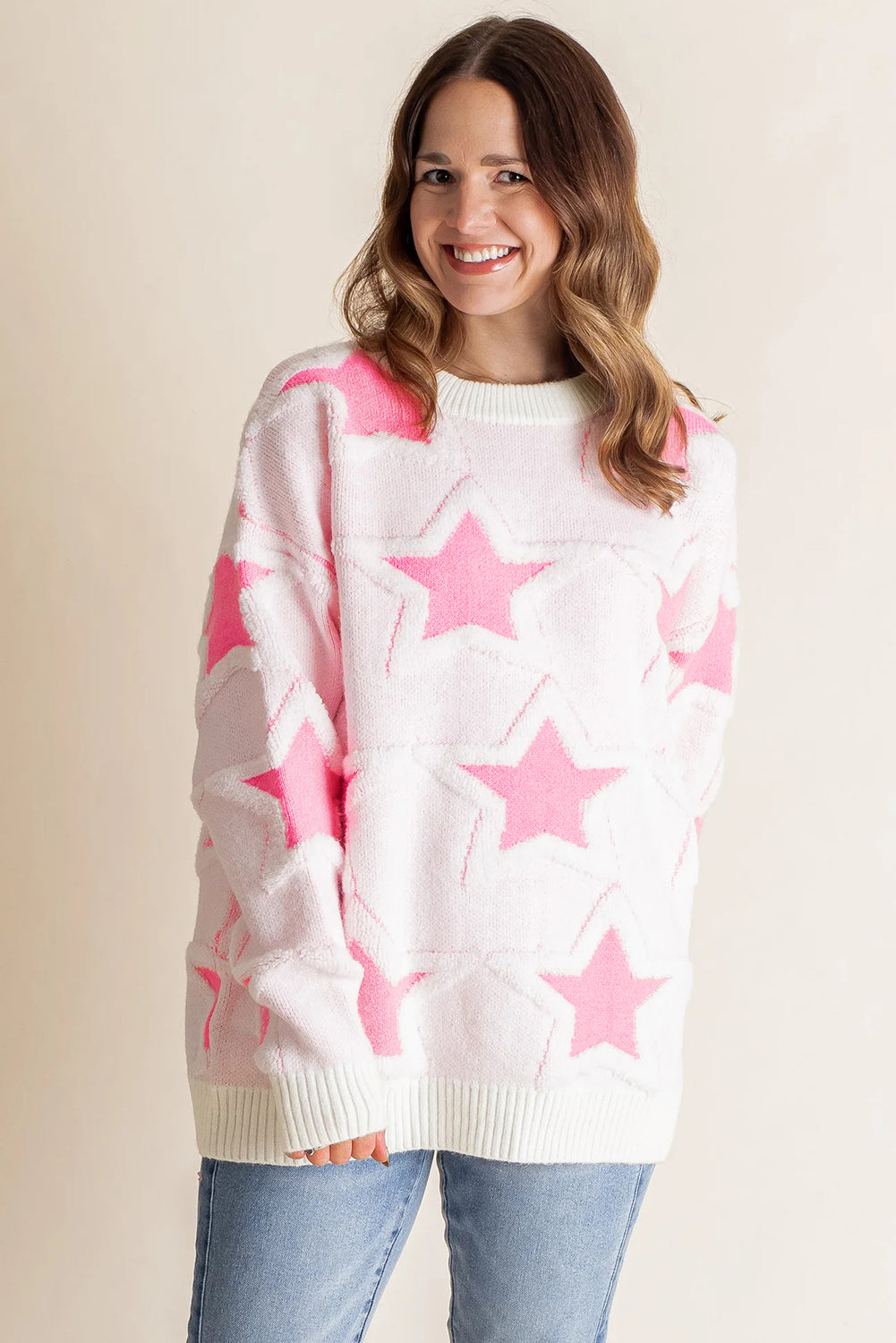 Oversized Cute Star Pattern Ribbed Edge Drop Shoulder Sweater