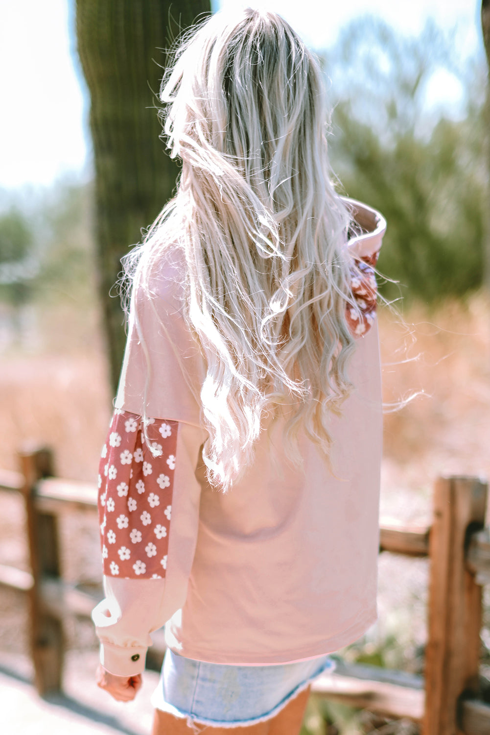 Floral Patchwork Star Pattern Drawstring Hoodie