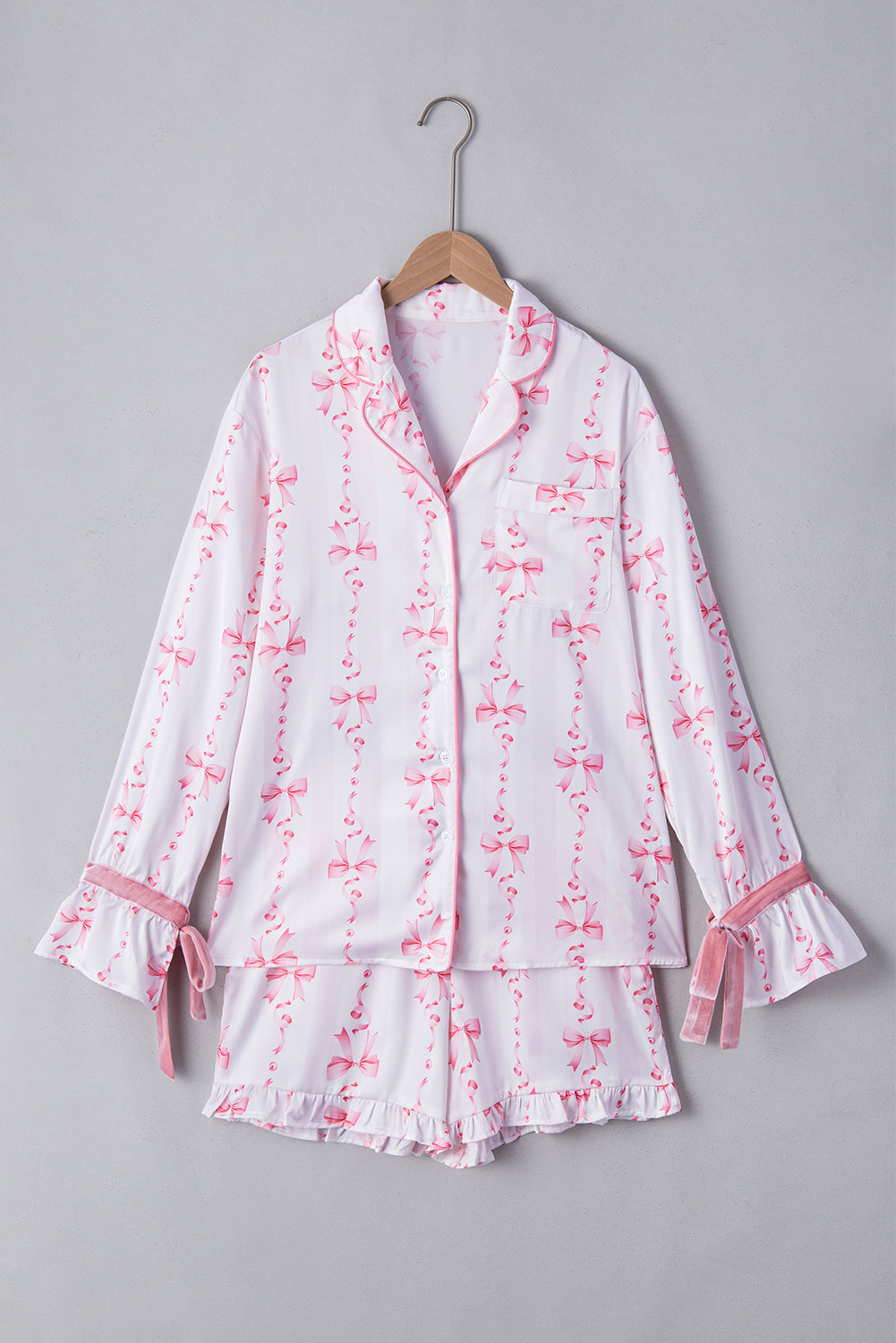 Satin Bow Bell Sleeve Shirt and Ruffled Shorts Pajama Set