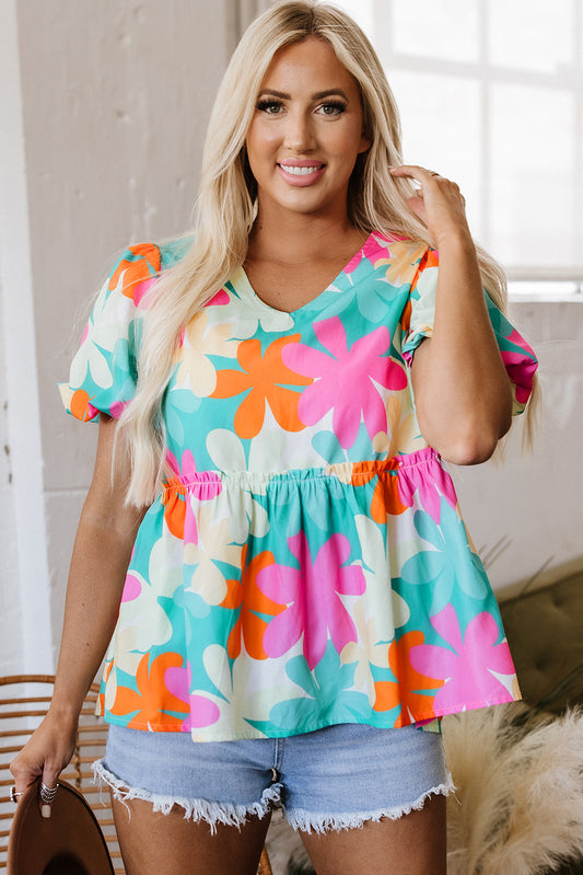 Floral Print Bubble Sleeve V Neck Peplum Blouse