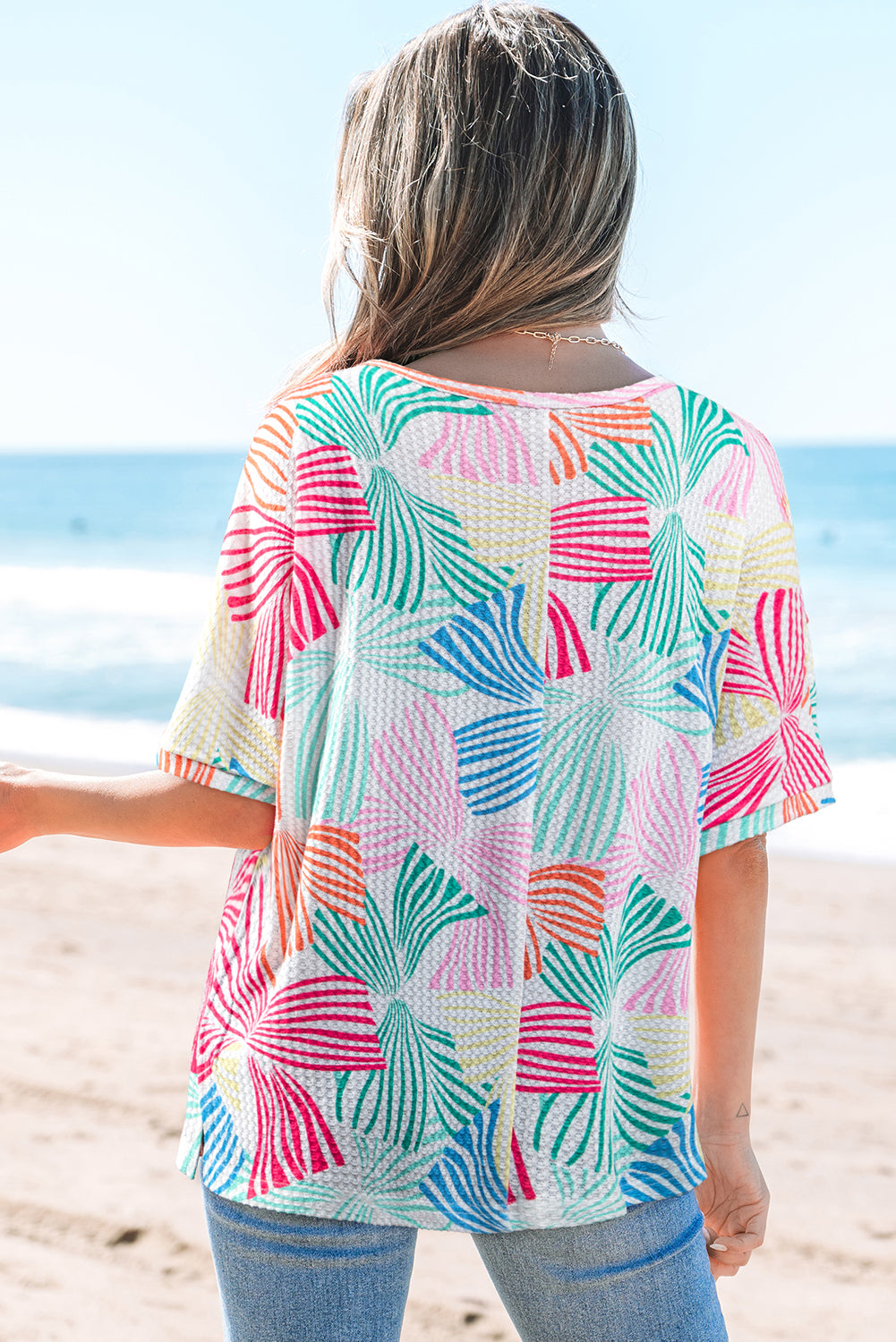 Bowknot Printed Waffle Crewneck Loose Short Sleeve Top