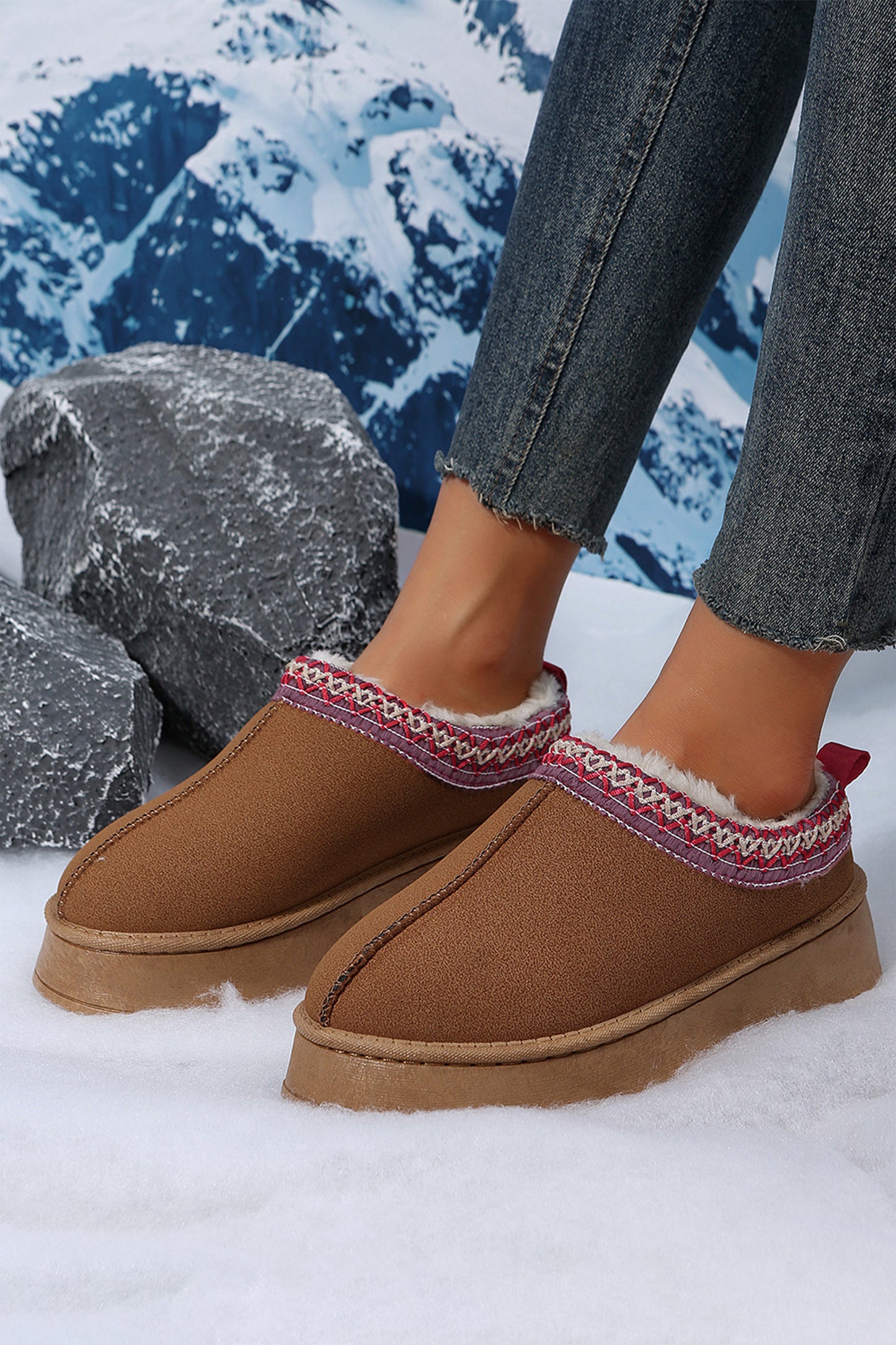 Contrast Print Suede Plush Lined Snow Boots