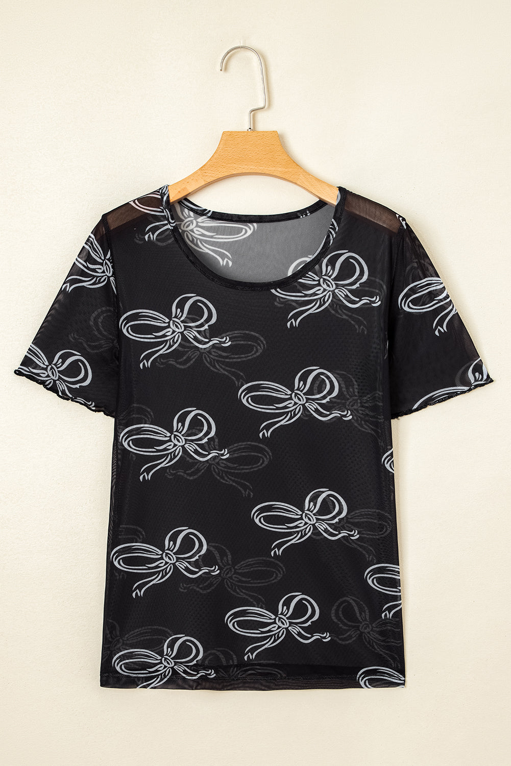 Bow Printed Mesh Short Sleeve Top