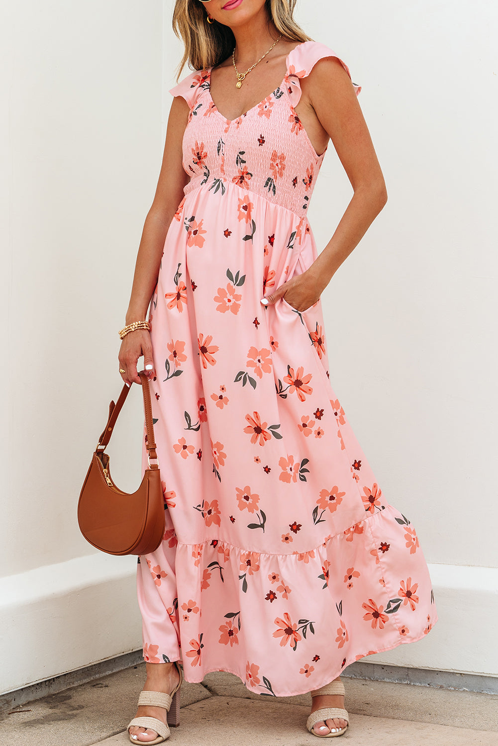Floral V Neck Smocked High Waist Ruffle Hem Long Dress