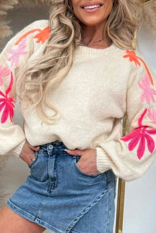 Embroidered Floral Sleeve Round Neck Loose Sweater