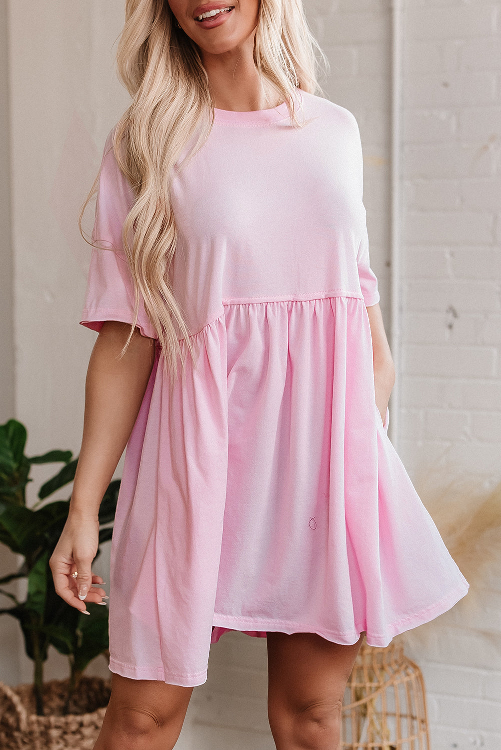 Solid Color Pocketed Raw Edge Babydoll Dress