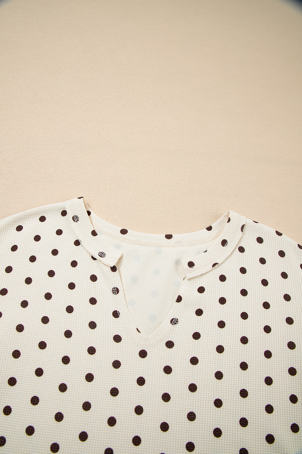 Polka Dot Print Notched Neck Long Sleeve Top Drawstring Jogger Pants Waffle Knit Lounge Set