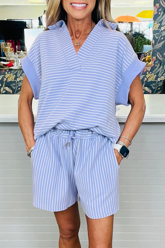 Stripe Dolman Sleeve Polo Shirt and Drawstring Shorts Set