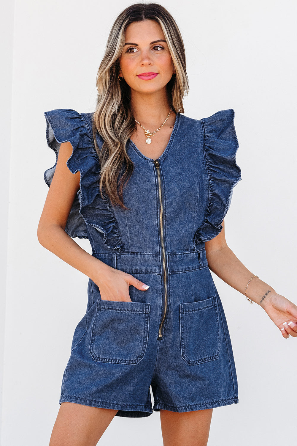 Denim Ruffled Zipped Front Belted Romper