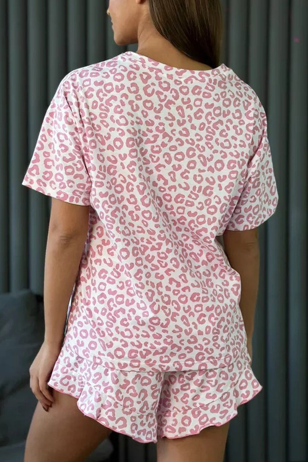 Leopard Print Crew Neck Tee and Ruffled Shorts 2 Lounge Set