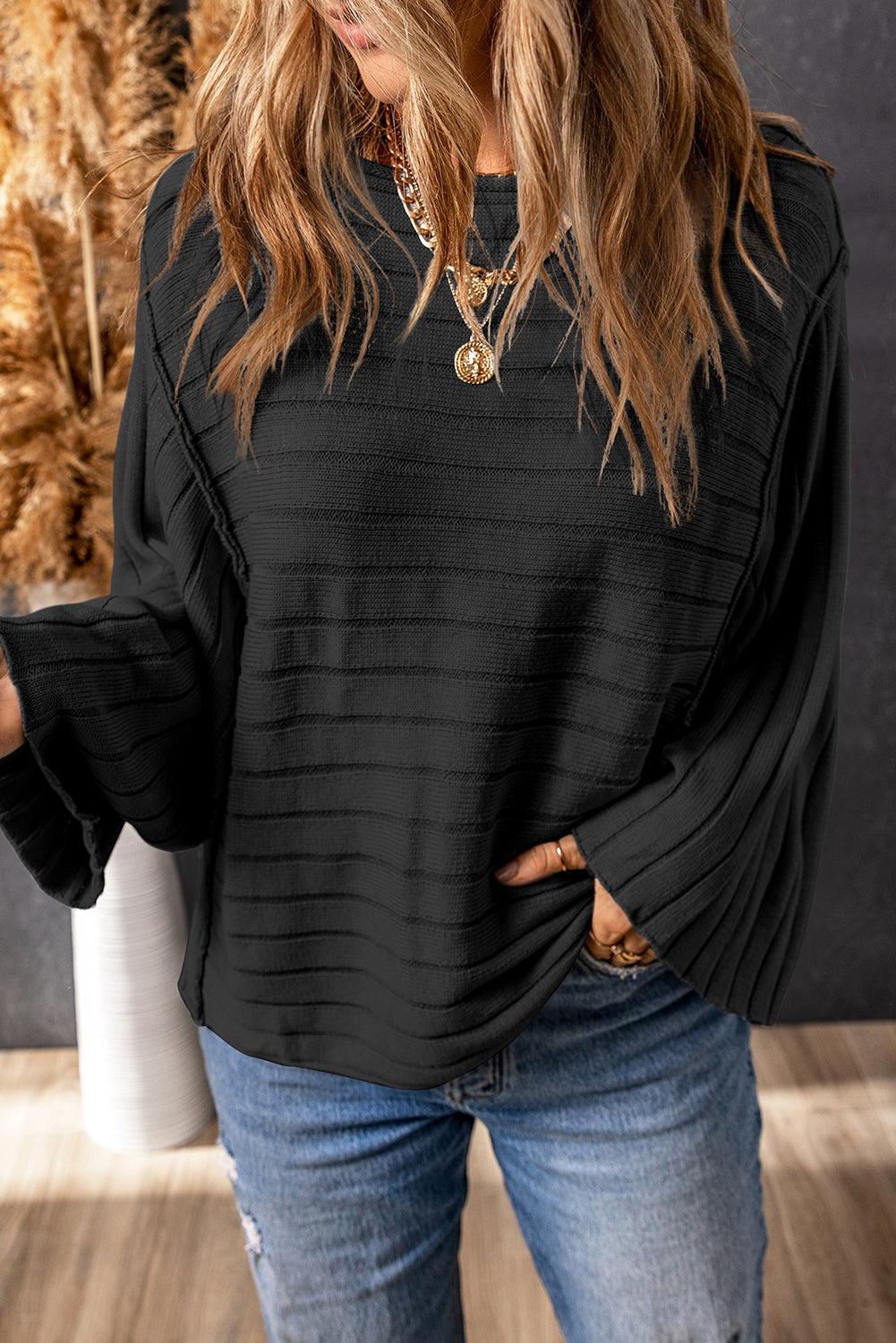 Exposed Seam Ribbed Knit Dolman Top