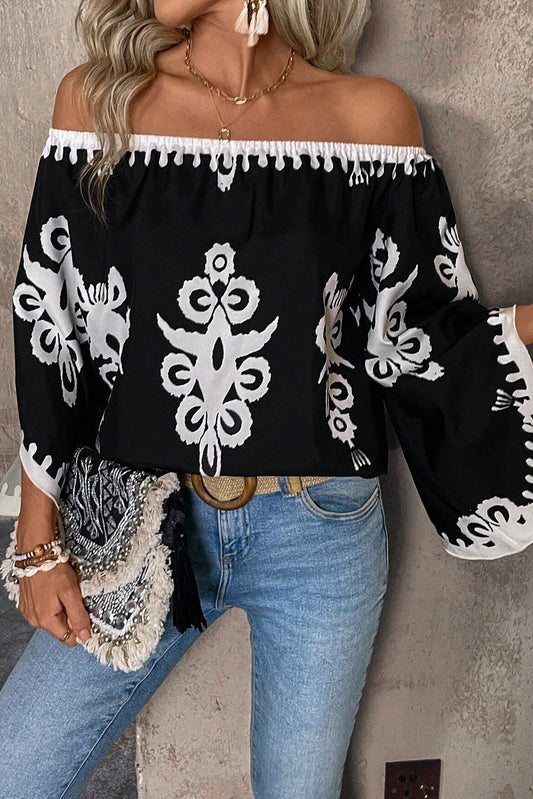 Tribal Printed Off Shoulder Loose Sleeve Blouse