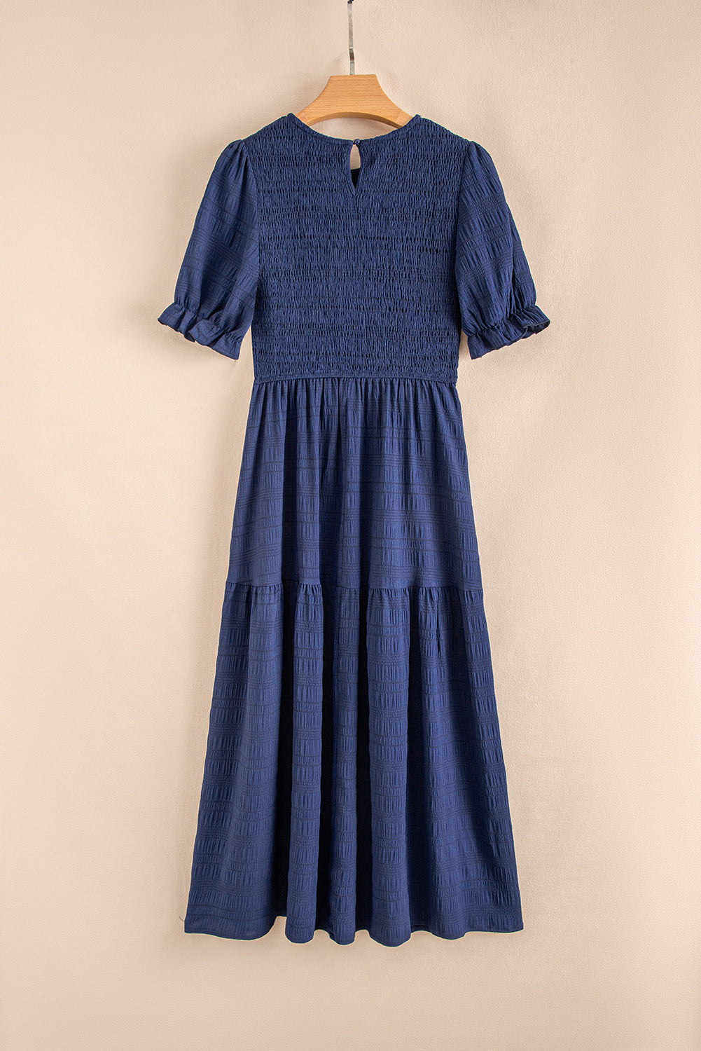 Solid Textured Smocked Puff Short Sleeve High Waist Long Dress