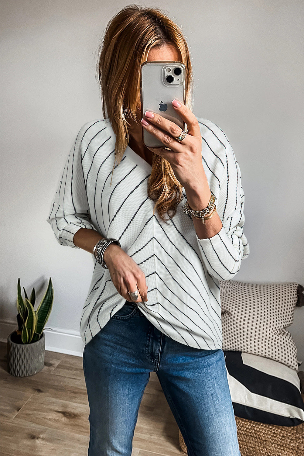 Chevron Striped V Neck Long Sleeve Casual Top