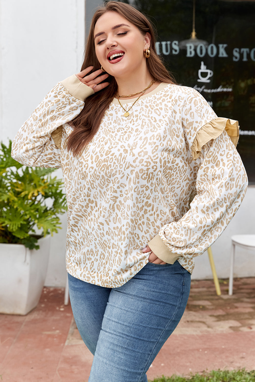 Plus Size Ruffled Arm Leopard Sweatshirt