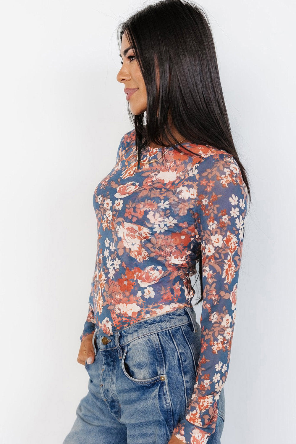 Floral Print Mesh Fitted Long Sleeve Top