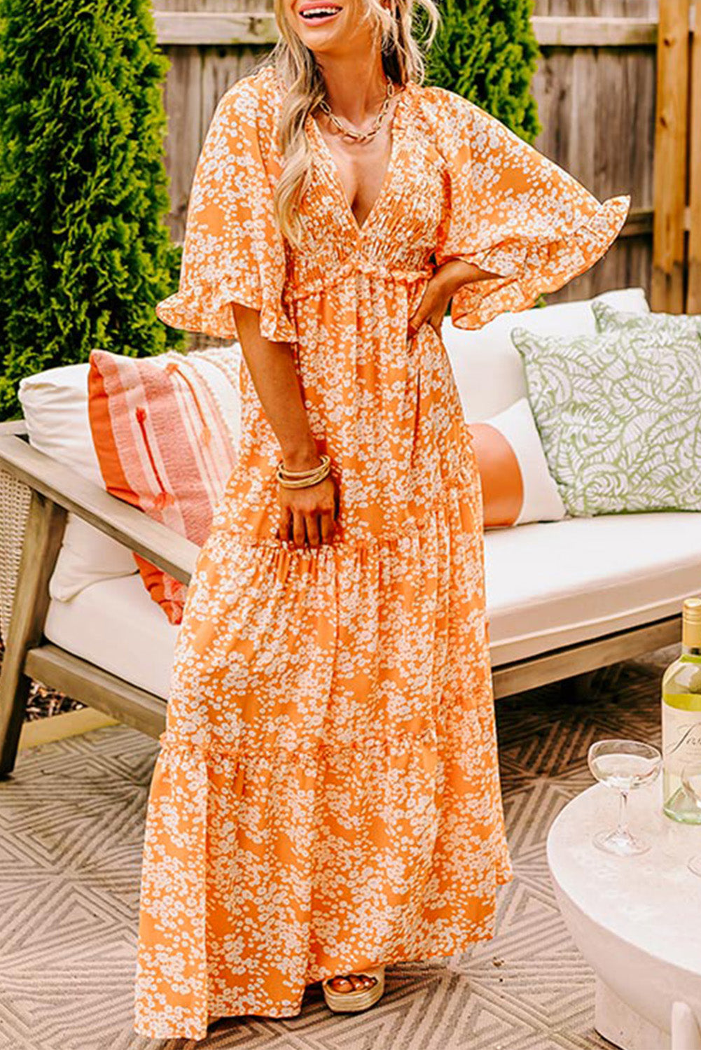 Floral Print Smocked V Neck Wide Sleeve Maxi Dress