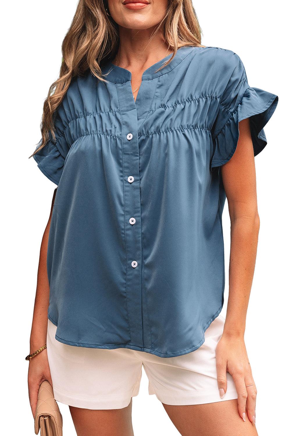 Solid Color Ruffle Ruched Short Sleeve Buttoned Shirt