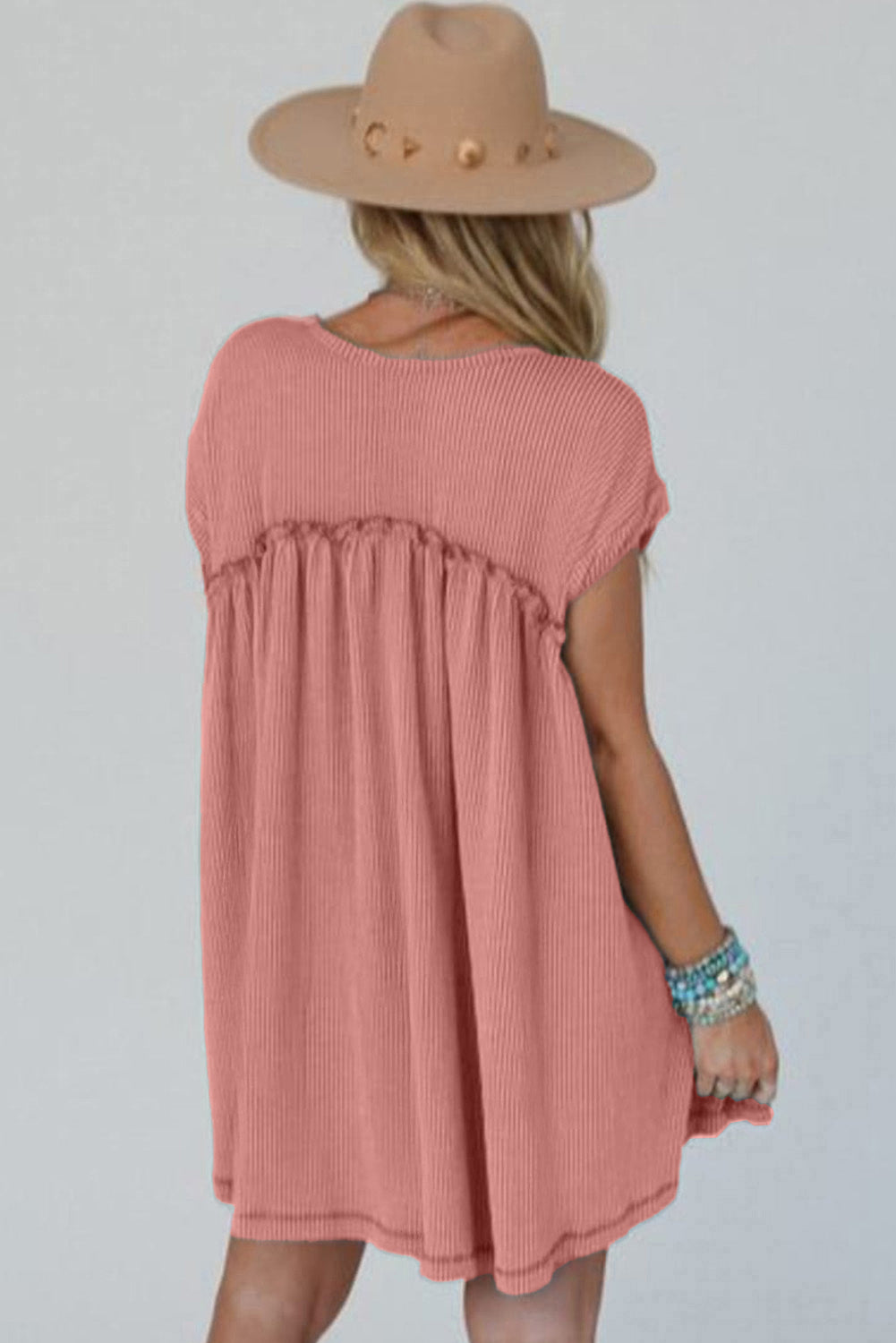 Corded Knit Textured Patched Pocket Frilled Swing Mini Dress with Pockets