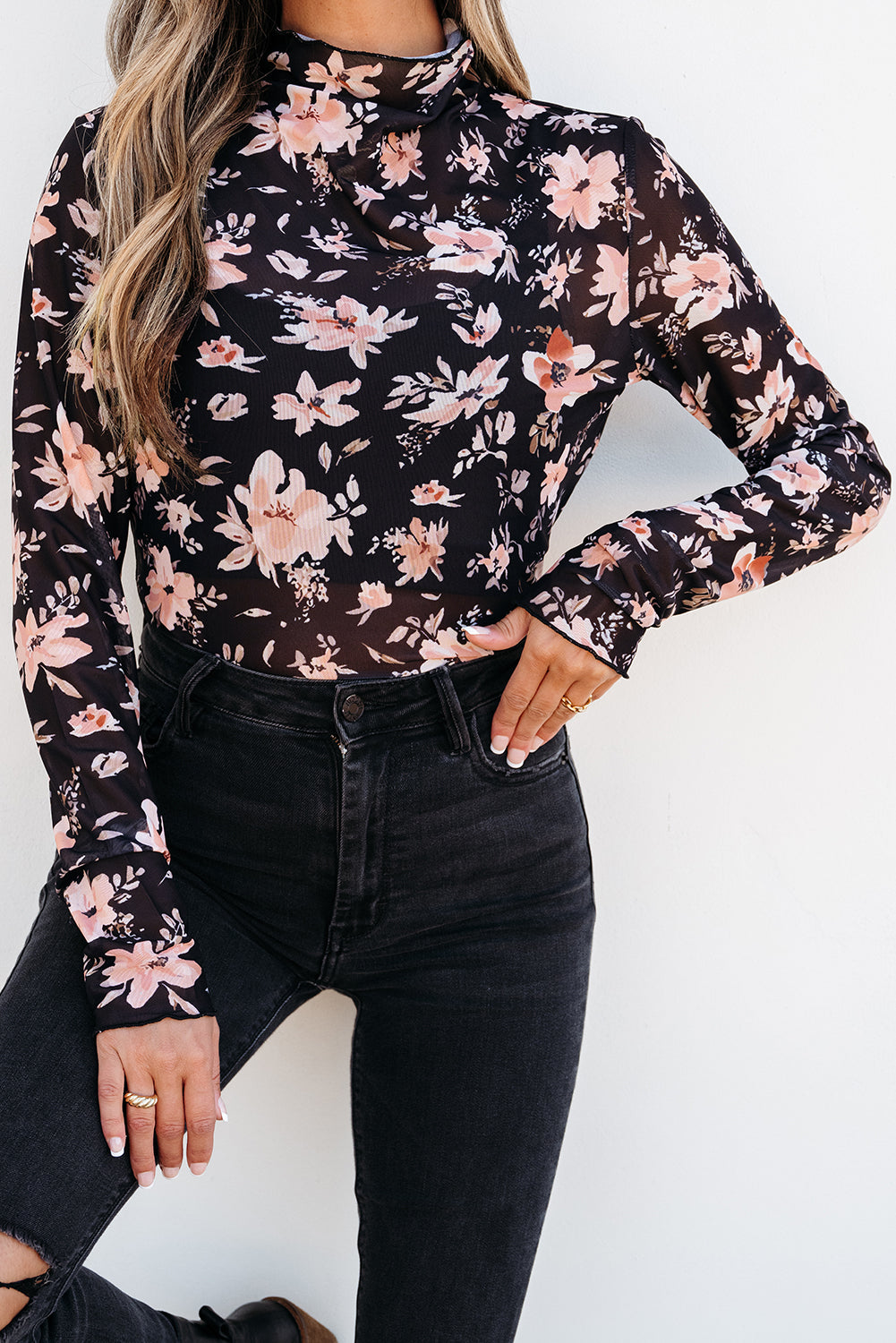 Floral Mesh Mock Neck Long Sleeve Slim Fit Top