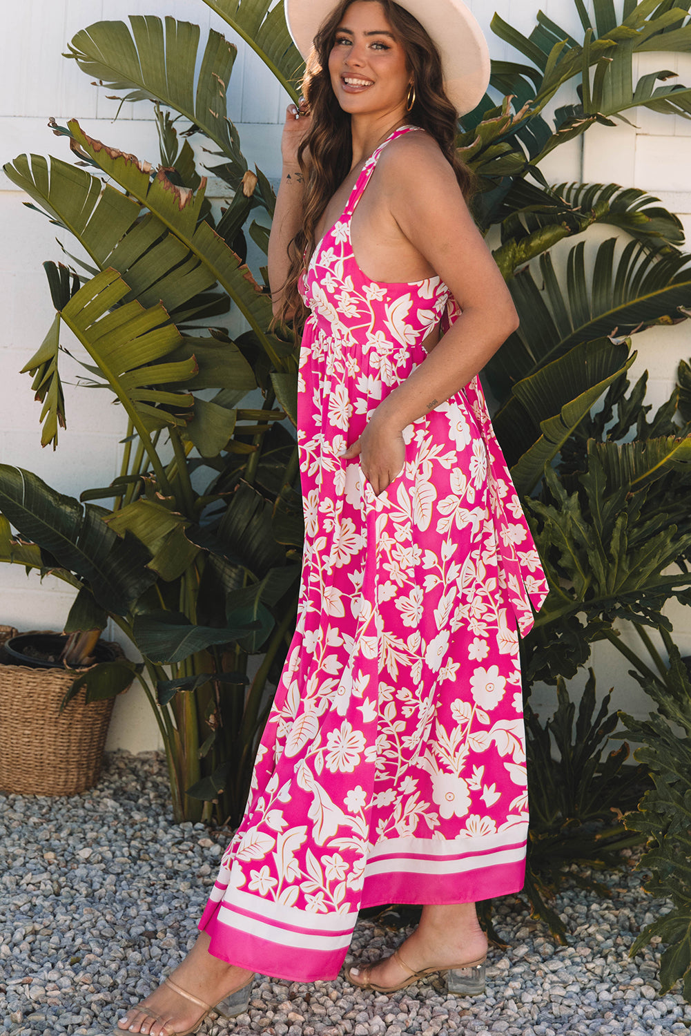 Floral V Neck Crisscross Backless Maxi Dress