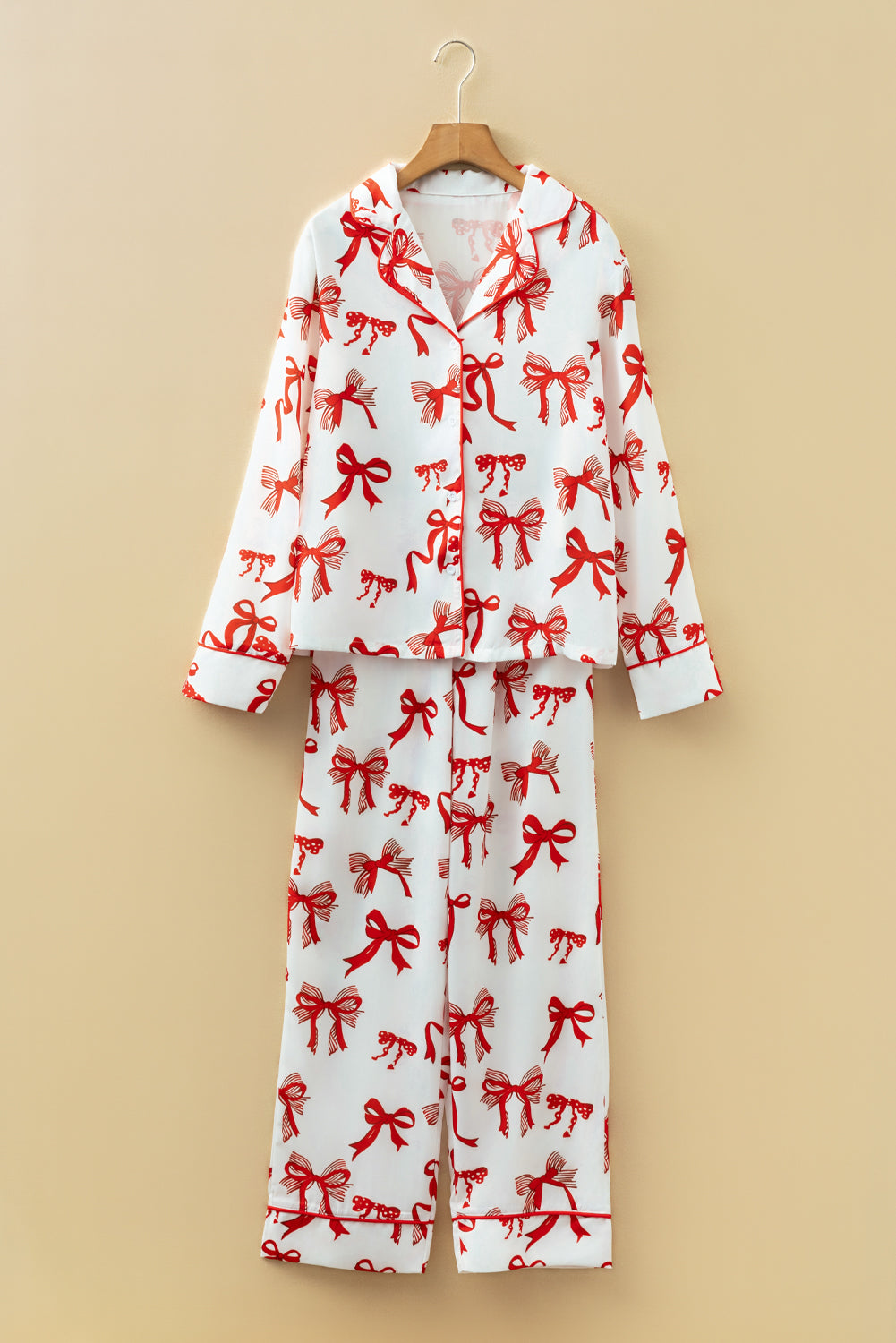 Christmas Bow Print Long 2pcs Pajama Set