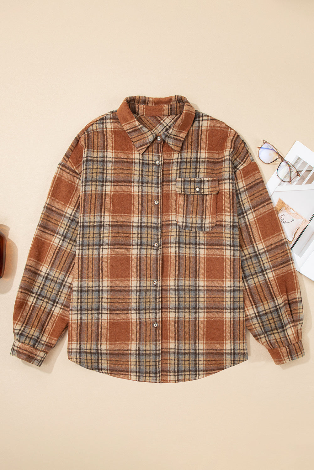 Plaid Print Flap Pocket Buttoned Plus Size Shacket