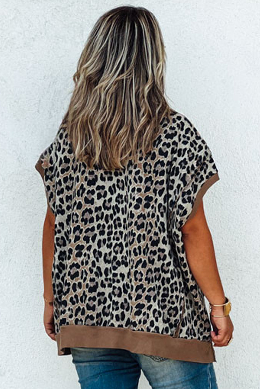 Leopard Contrast Trim Short Sleeve Loose Plus Size Top