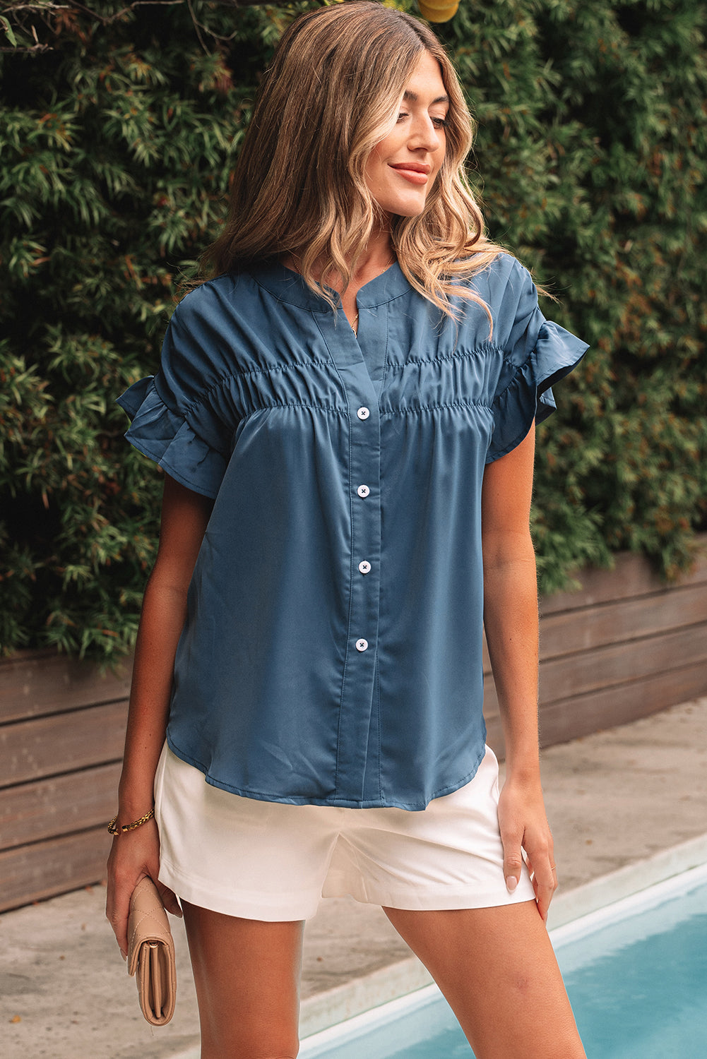 Solid Color Ruffle Ruched Short Sleeve Buttoned Shirt