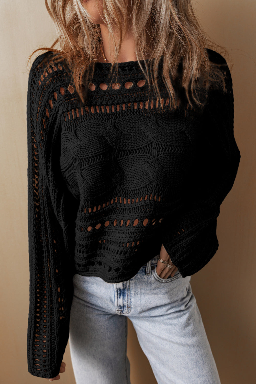 Hollow-out Cable Knit Cropped Sweater