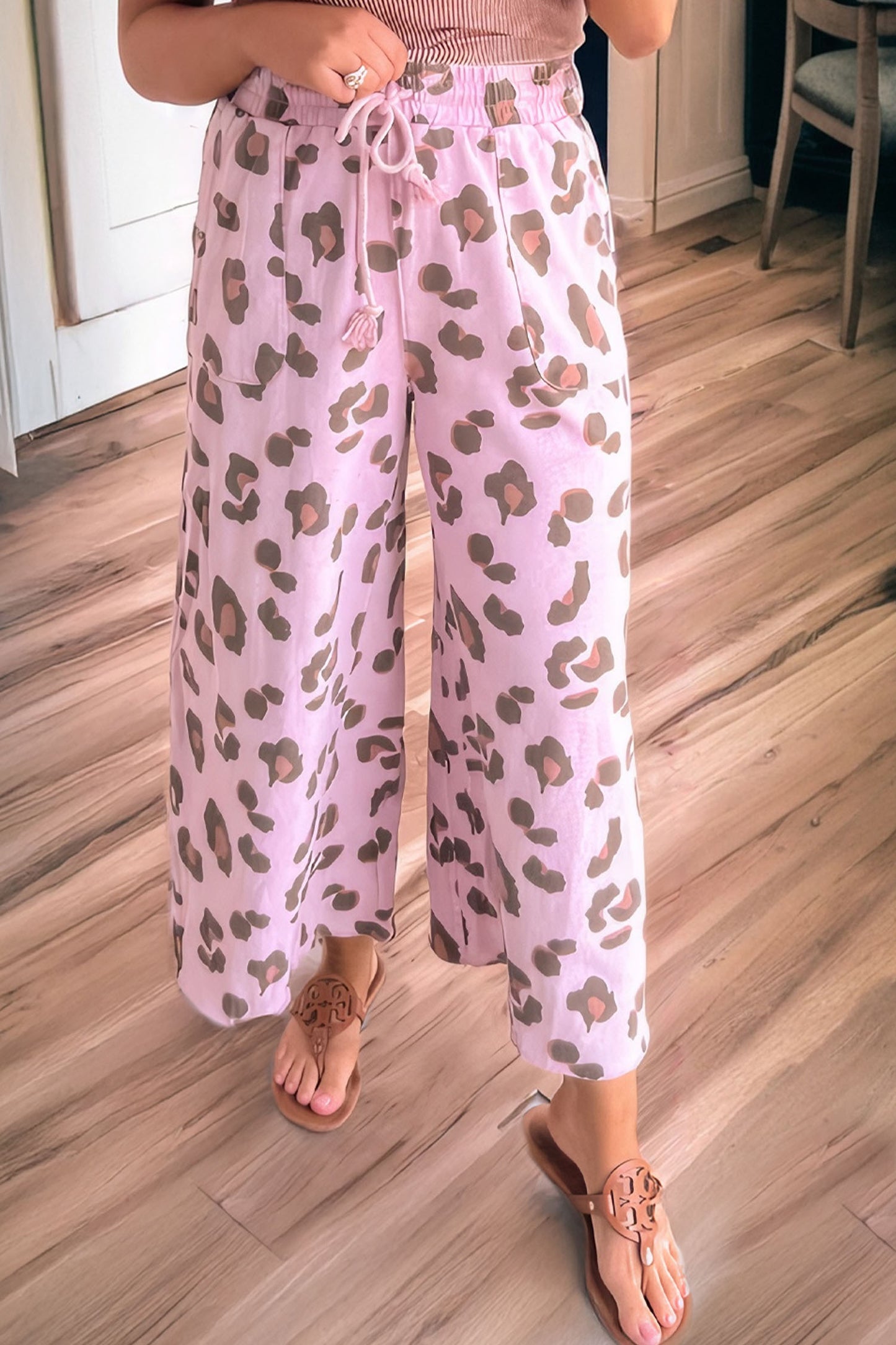 Drawstring Leopard Print Patch Pocket Loose Pants