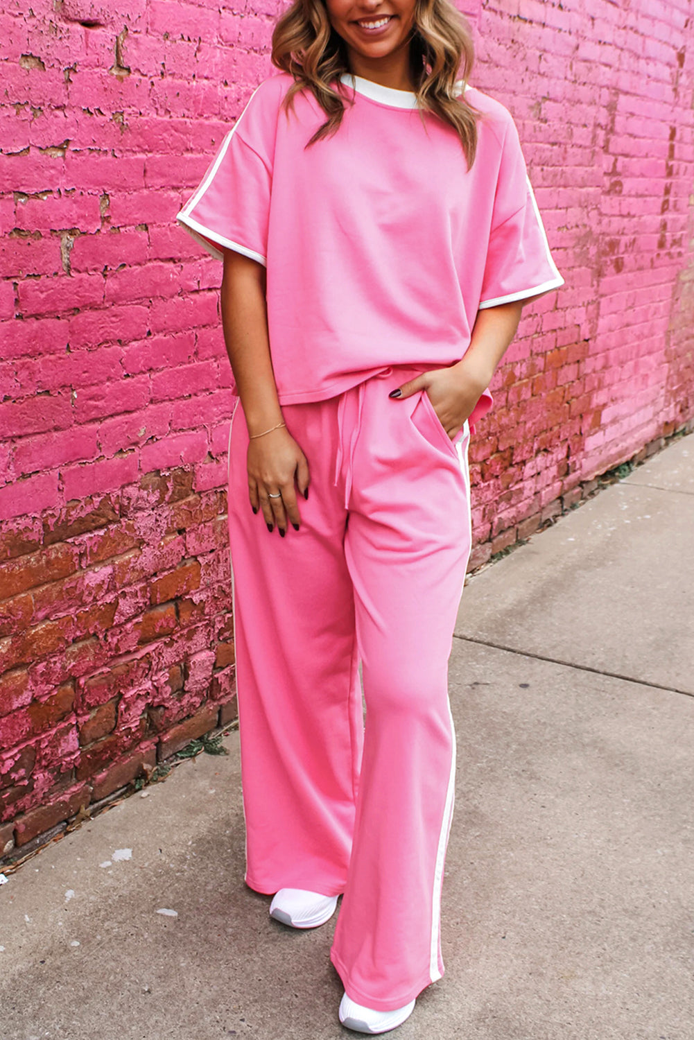 Varsity Stripe Detail Casual Tee and Pants Leisure 2pcs Set