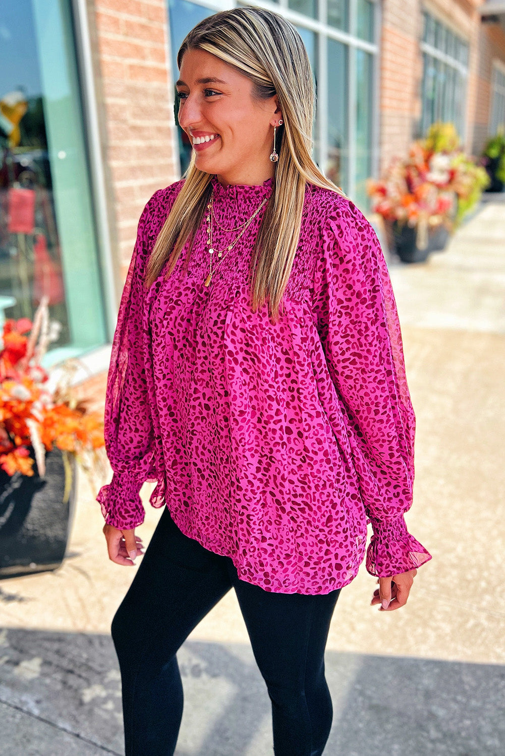 Leopard Shirred Puff Sleeve Flowy Blouse