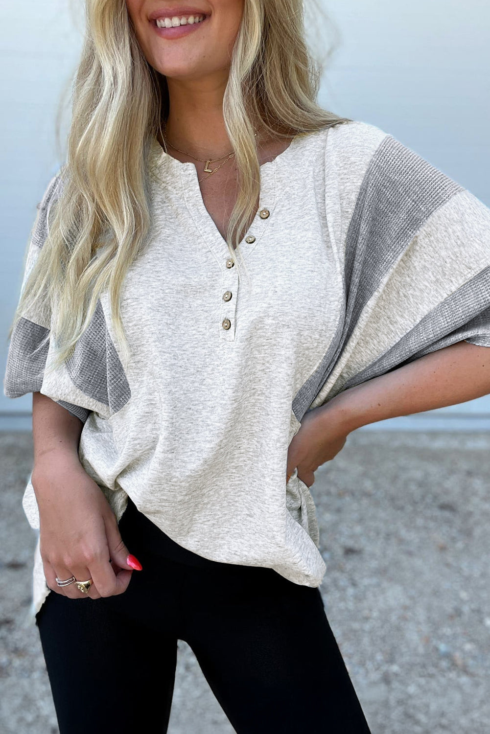 Two Tone Contrast Waffle Knit Patched Buttoned V Neck Top