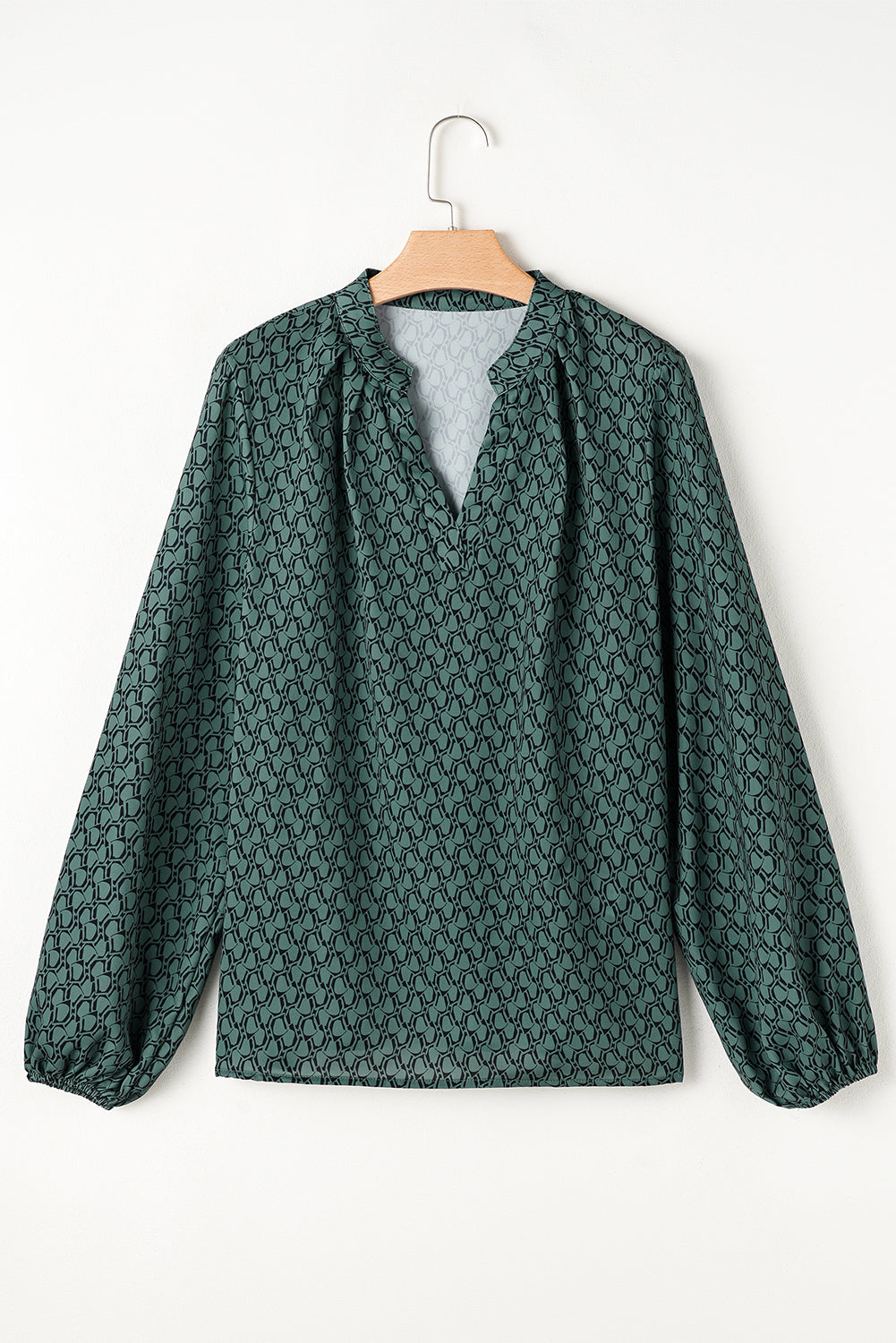 Geometric Print Notched Neck Puff Sleeve Blouse