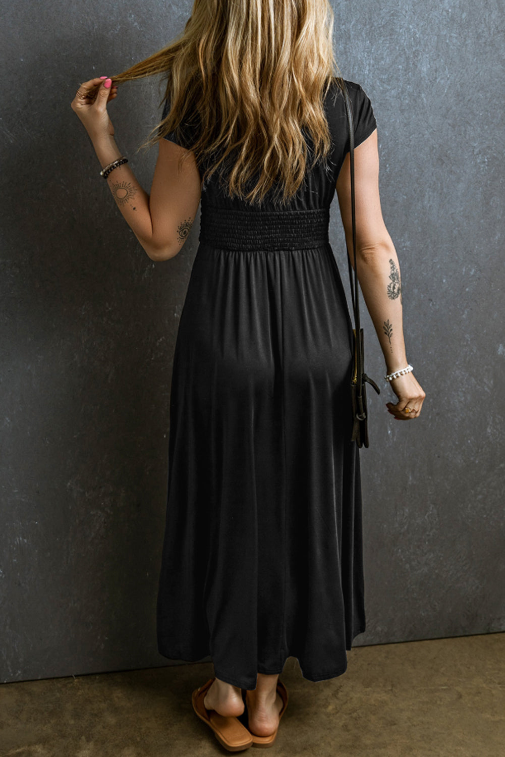 Short Sleeve Shirred High Waist V Neck Maxi Dress