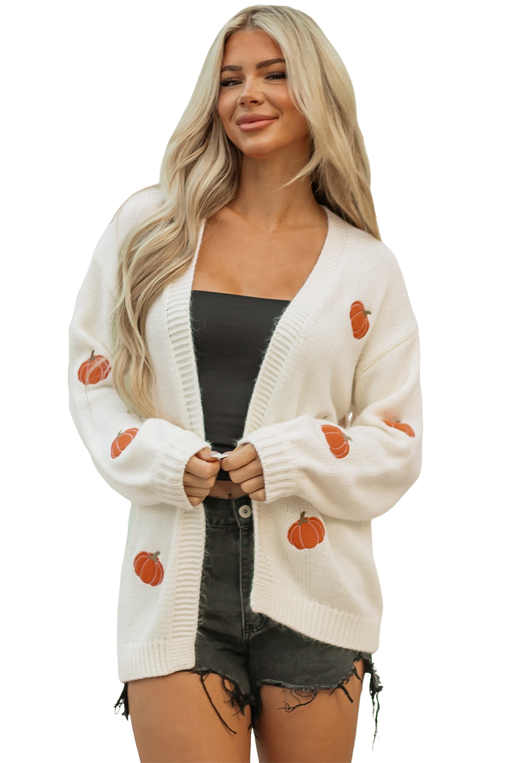 Pumpkin Print Open Front Drop Shoulder Midi Cardigan