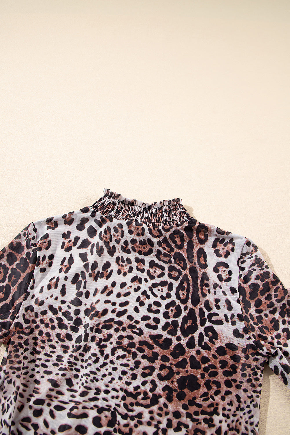 Leopard Smocked Neck Mesh Long Sleeve Bodysuit