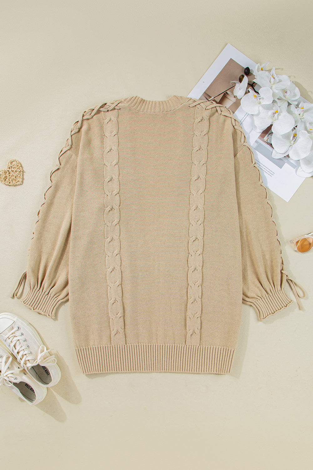 Cable Knit Braided Tie Sleeve Plus Size Open Cardigan