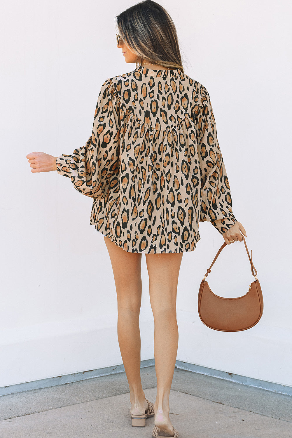 Oversized Leopard Print Balloon Sleeve Casual Shirt