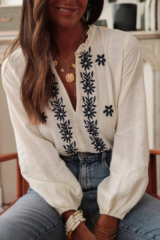 Floral Embroidered Frilled V Neck Puff Sleeve Blouse