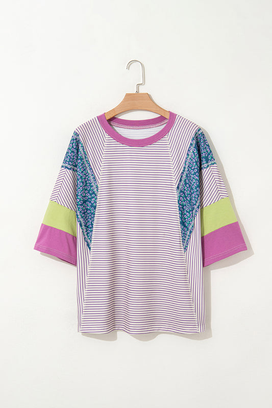 Floral Color Block Raw Edge Patchwork Bracelet Sleeve Blouse